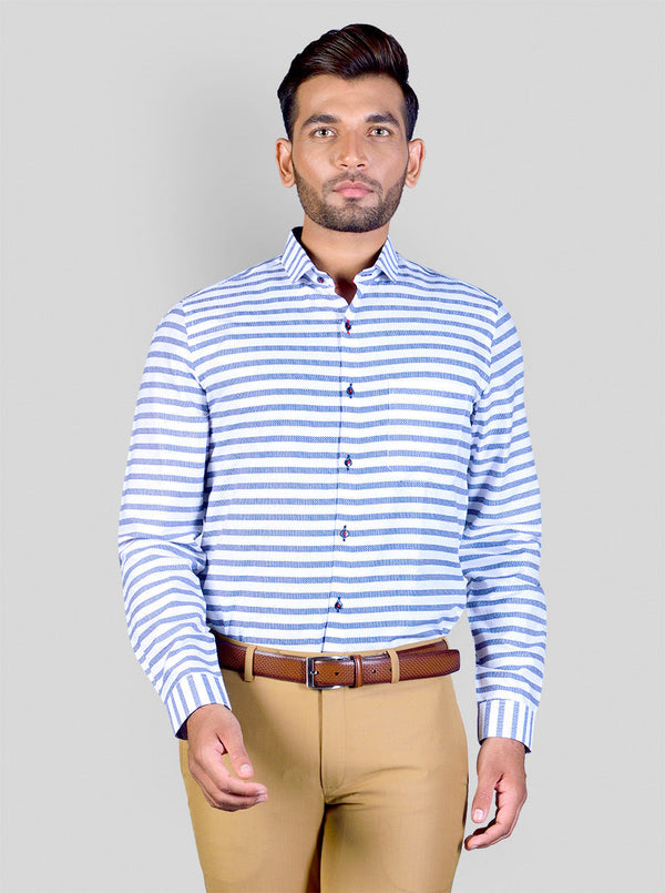 White & Blue Striped Slim Fit Party Wear Shirt | Greenfibre