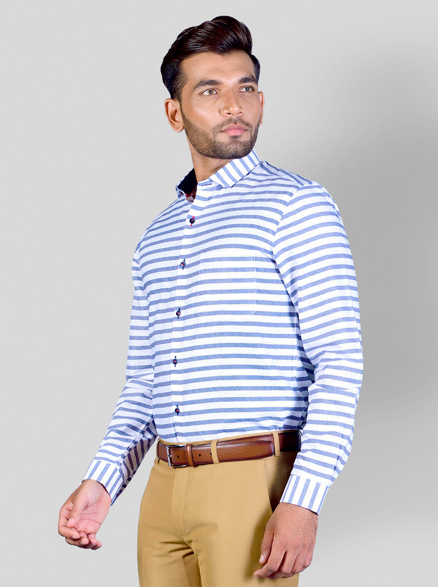 White & Blue Striped Slim Fit Party Wear Shirt | Greenfibre