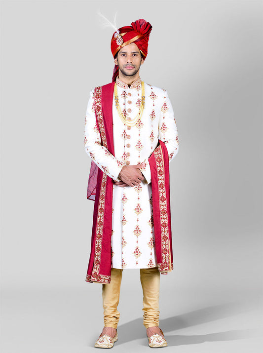 Cream & Maroon Sherwani | Azania