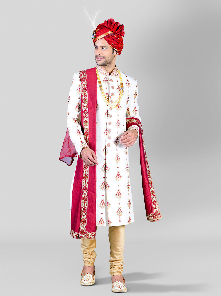 Cream & Maroon Sherwani | Azania