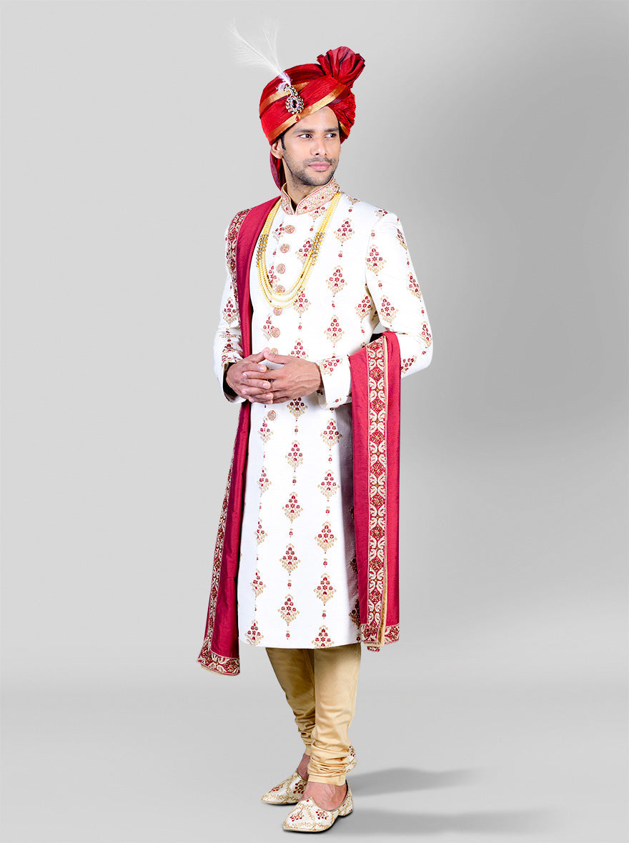 Cream & Maroon Sherwani | Azania