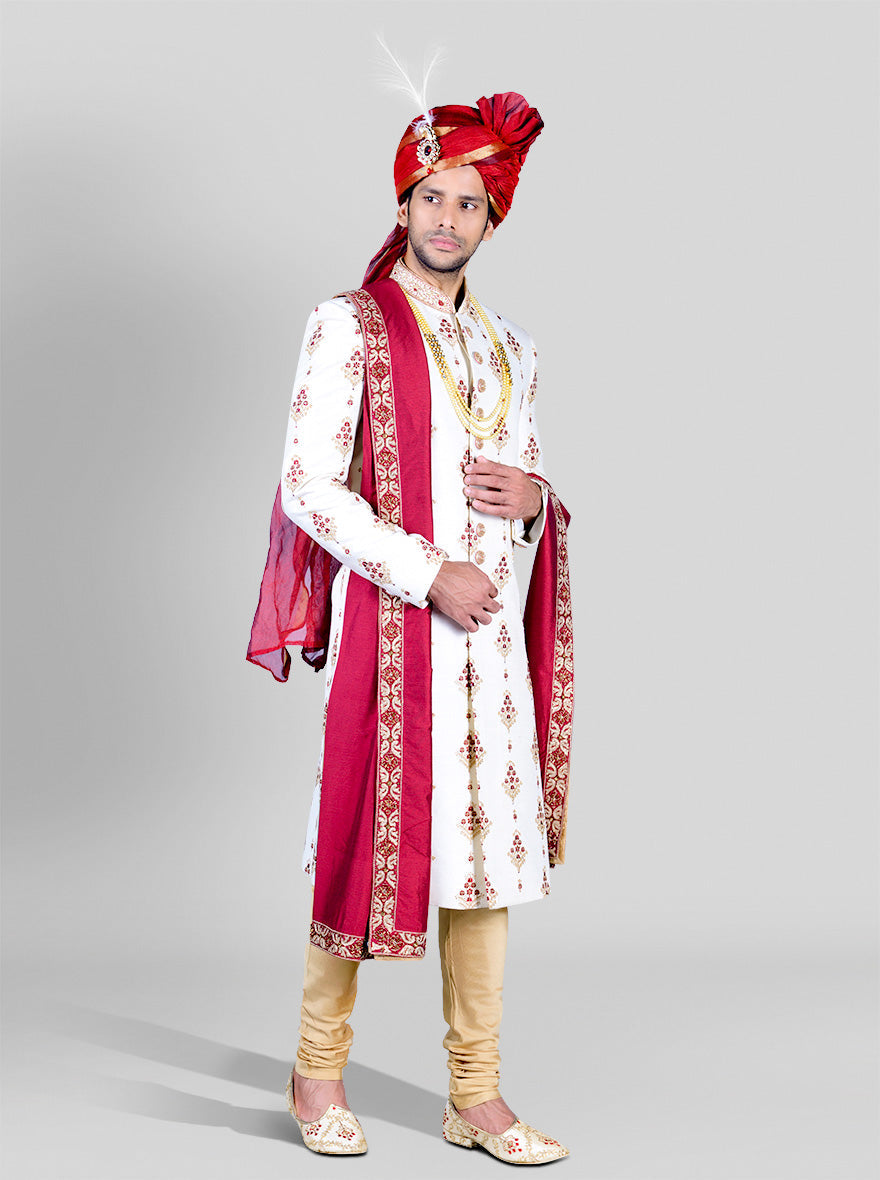 Cream & Maroon Sherwani | Azania