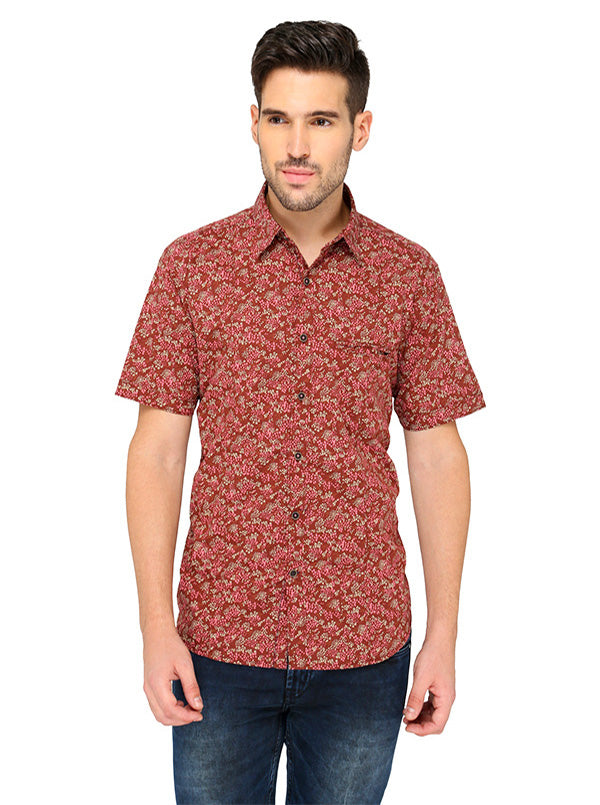 Greenfibre Maroon Printed Slim Fit Casual Shirt