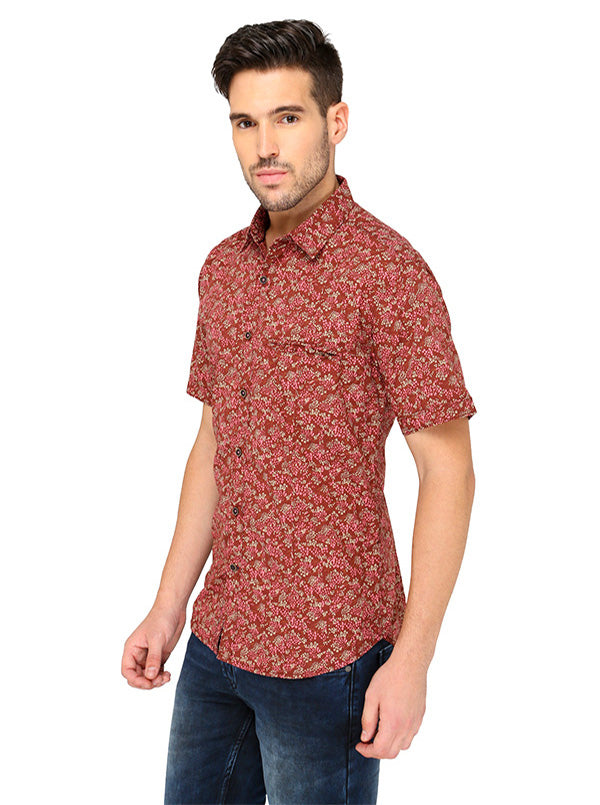 Greenfibre Maroon Printed Slim Fit Casual Shirt