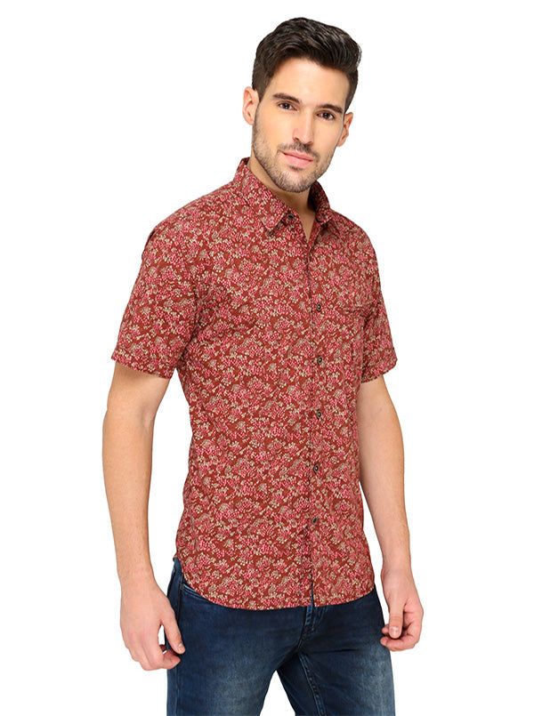 Greenfibre Maroon Printed Slim Fit Casual Shirt