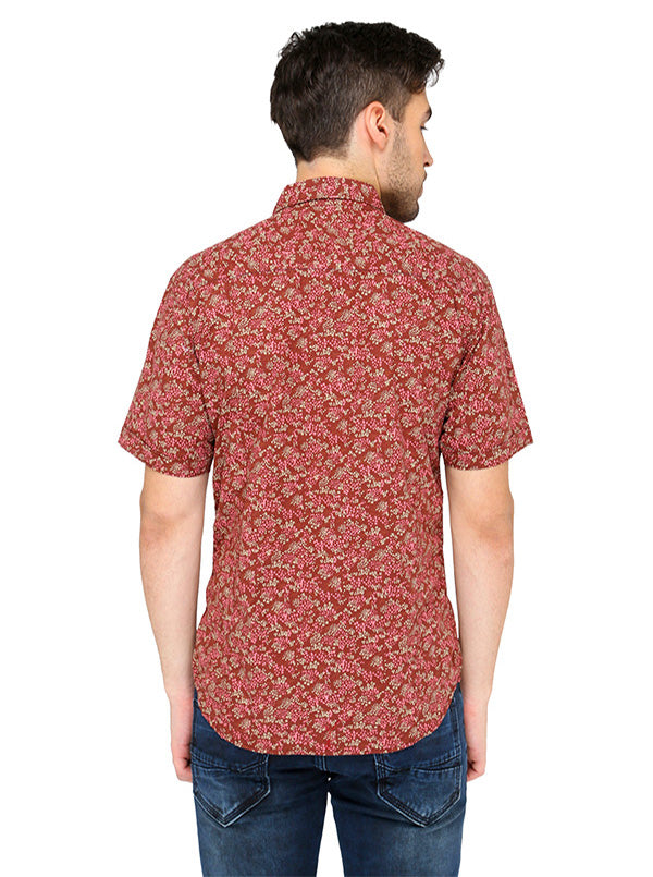 Greenfibre Maroon Printed Slim Fit Casual Shirt