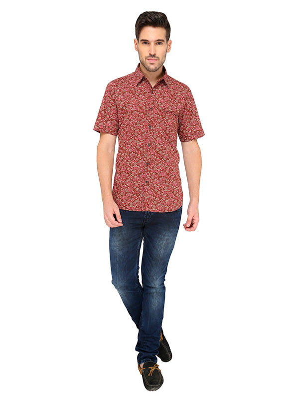 Greenfibre Maroon Printed Slim Fit Casual Shirt