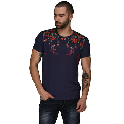Navy Blue Printed Slim Fit Round Neck T-Shirt | JB Sport