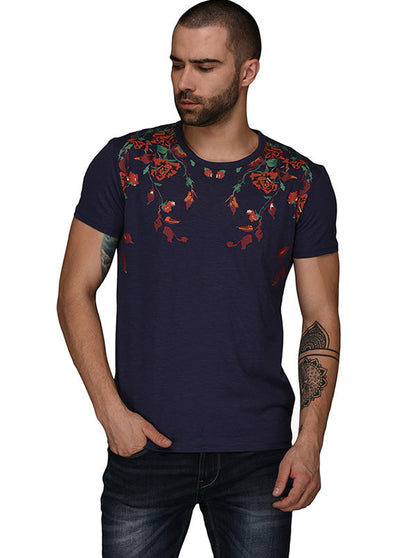 Navy Blue Printed Slim Fit Round Neck T-Shirt | JB Sport