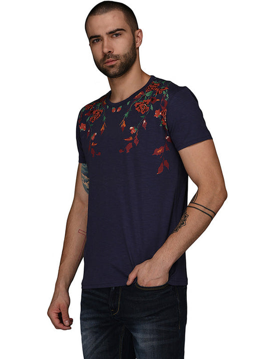 Navy Blue Printed Slim Fit Round Neck T-Shirt | JB Sport