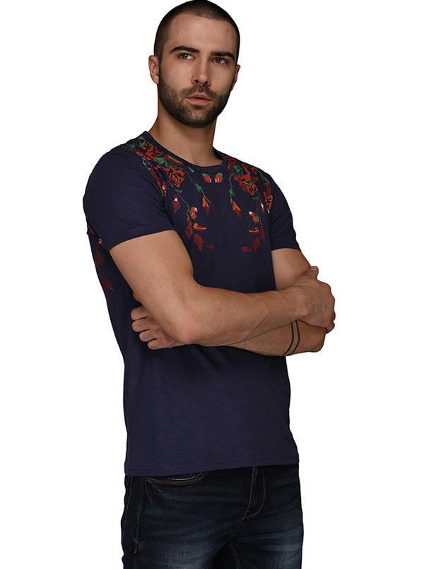 Navy Blue Printed Slim Fit Round Neck T-Shirt | JB Sport