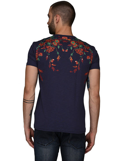 Navy Blue Printed Slim Fit Round Neck T-Shirt | JB Sport