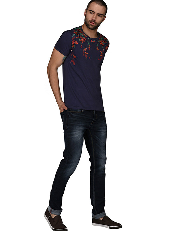 Navy Blue Printed Slim Fit Round Neck T-Shirt | JB Sport