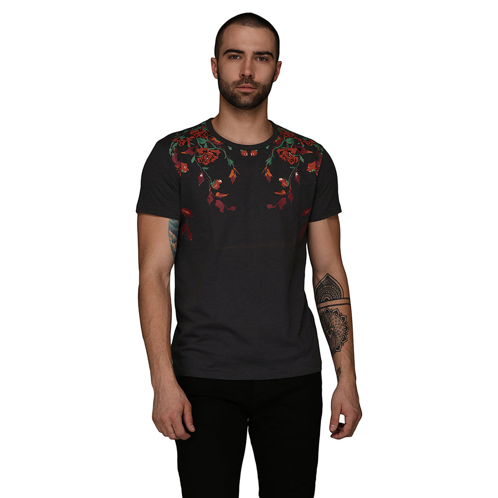 Dark Grey Printed Slim Fit Round Neck T-Shirt | JB Sport