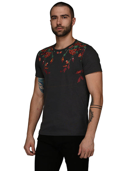 Dark Grey Printed Slim Fit Round Neck T-Shirt | JB Sport
