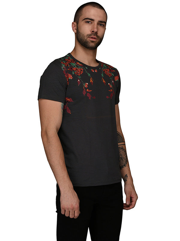 Dark Grey Printed Slim Fit Round Neck T-Shirt | JB Sport