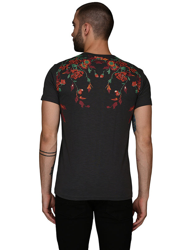 Dark Grey Printed Slim Fit Round Neck T-Shirt | JB Sport