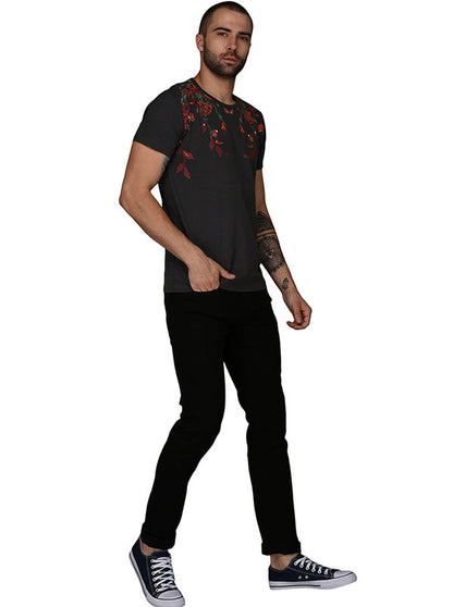 Dark Grey Printed Slim Fit Round Neck T-Shirt | JB Sport