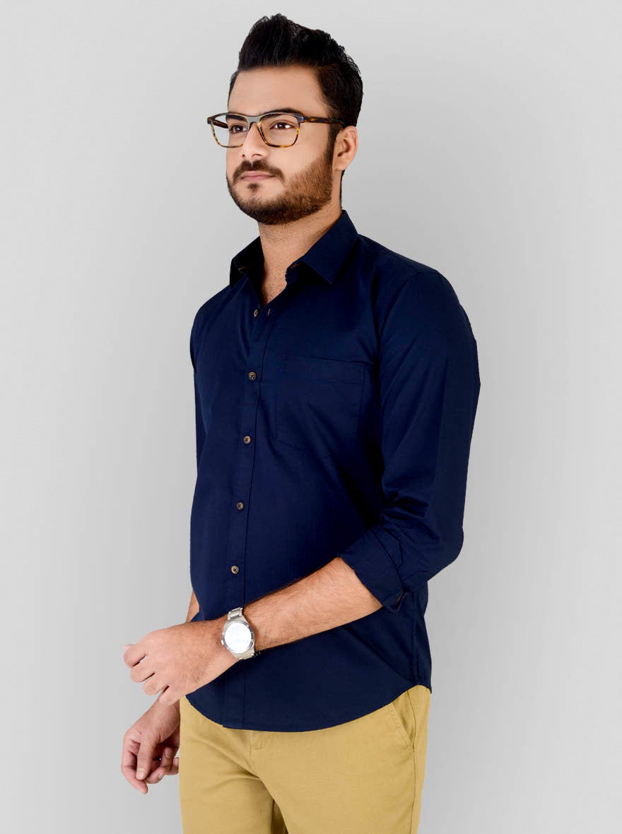 Navy Blue Solid Slim Fit Casual Shirt | JB Sport