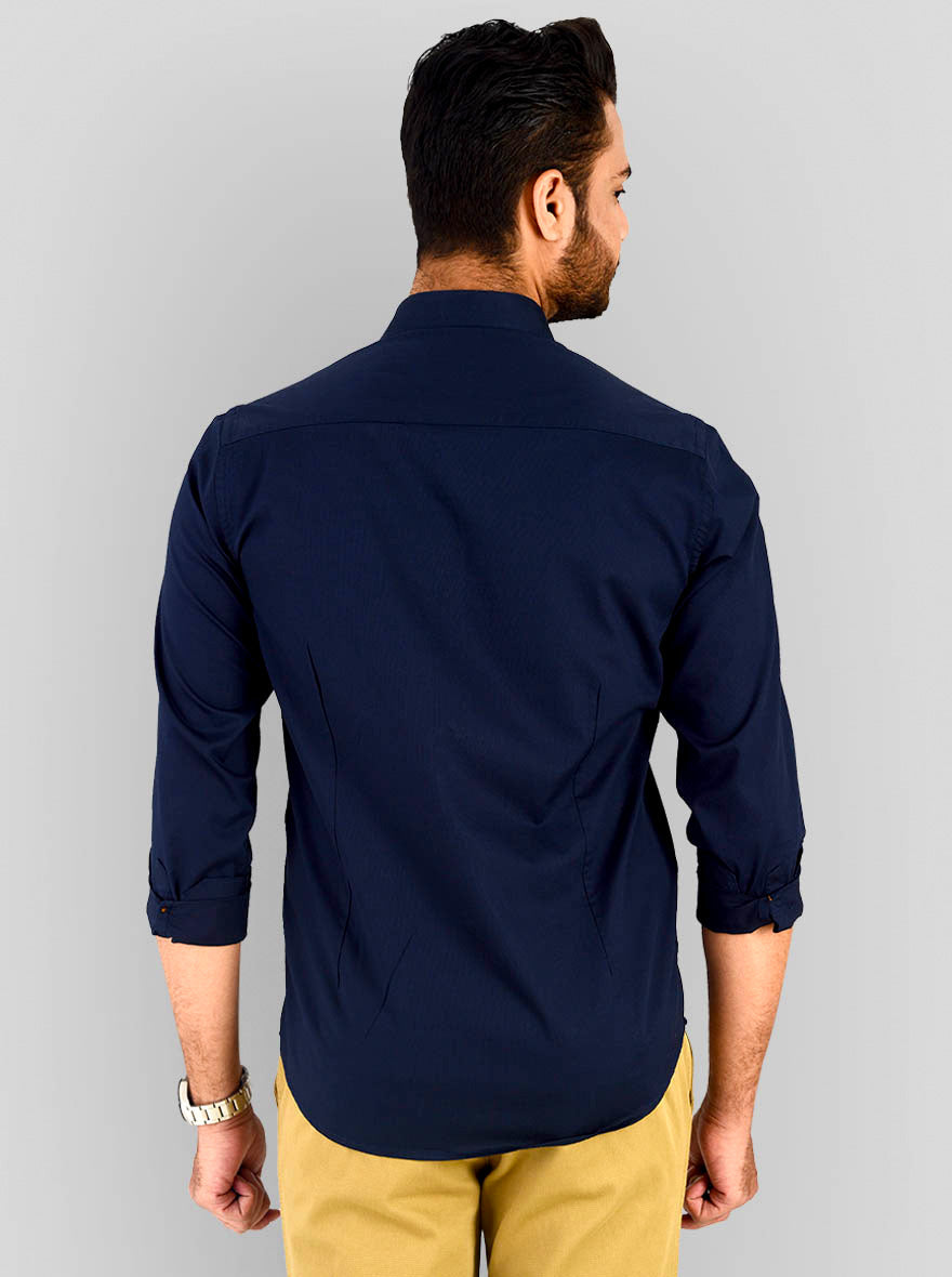 Navy Blue Solid Slim Fit Casual Shirt | JB Sport