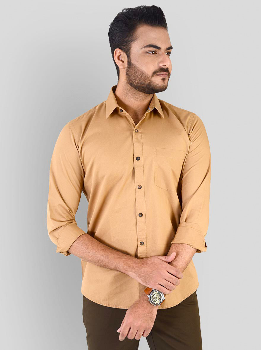 Khaki Solid Slim Fit Casual Shirt | JB Sport