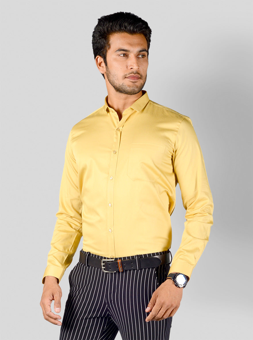 Burnt Yellow Solid Slim Fit Party Wear Shirt | Greenfibre