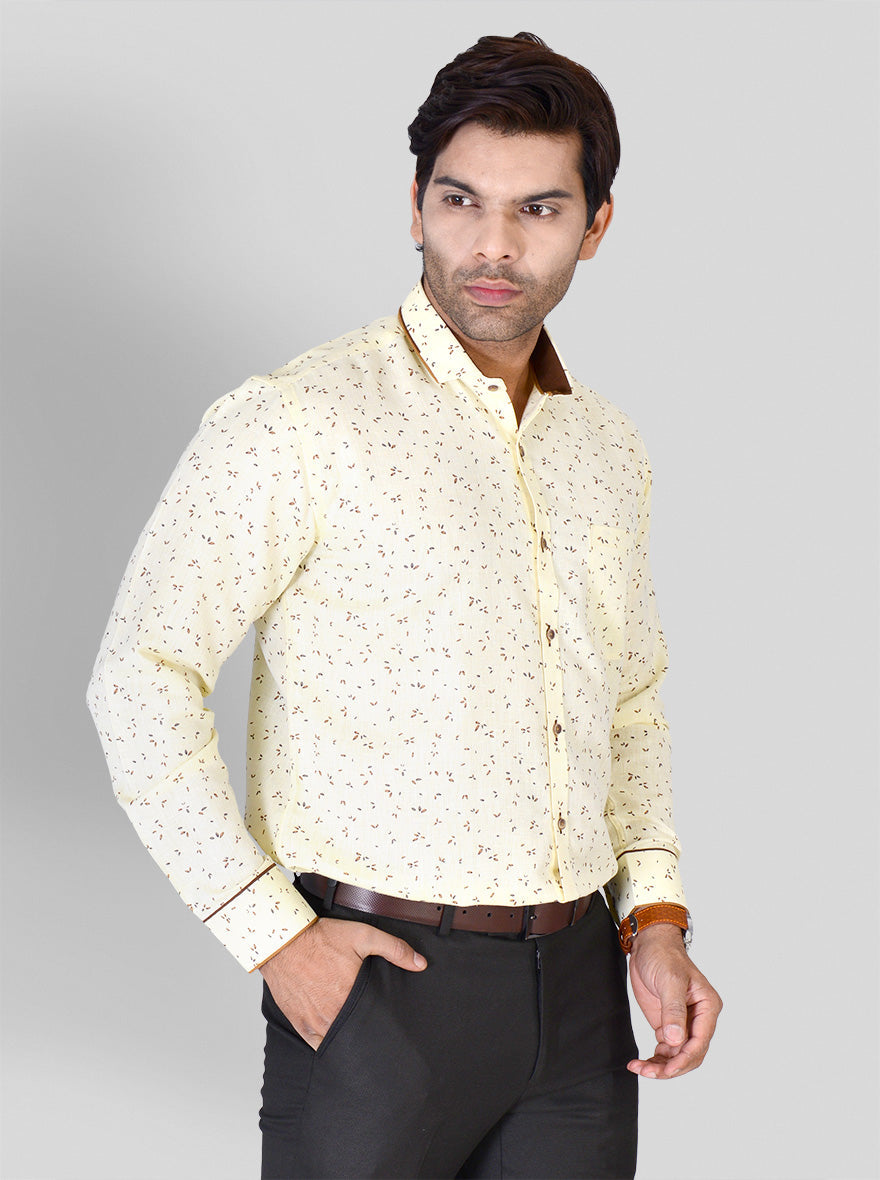 Lemon Yellow & Brown Printed Slim Fit Party Wear Shirt | Greenfibre