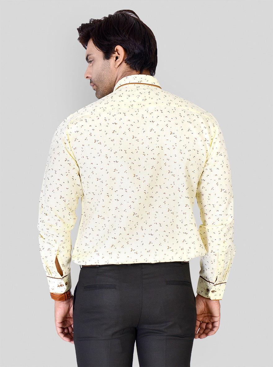 Lemon Yellow & Brown Printed Slim Fit Party Wear Shirt | Greenfibre