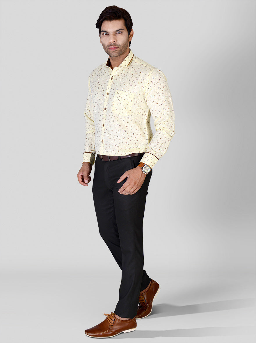 Lemon Yellow & Brown Printed Slim Fit Party Wear Shirt | Greenfibre