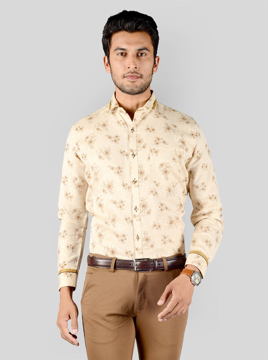 Beige & Brown Printed Slim Fit Party Wear Shirt | Greenfibre