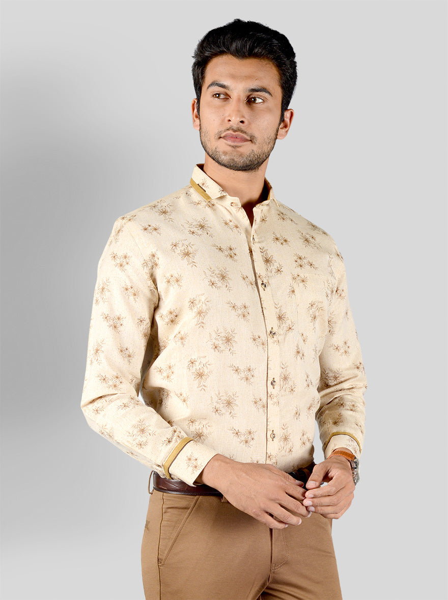 Beige & Brown Printed Slim Fit Party Wear Shirt | Greenfibre