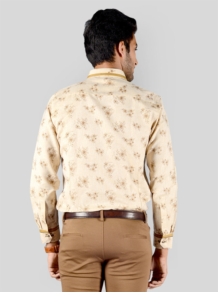 Beige & Brown Printed Slim Fit Party Wear Shirt | Greenfibre