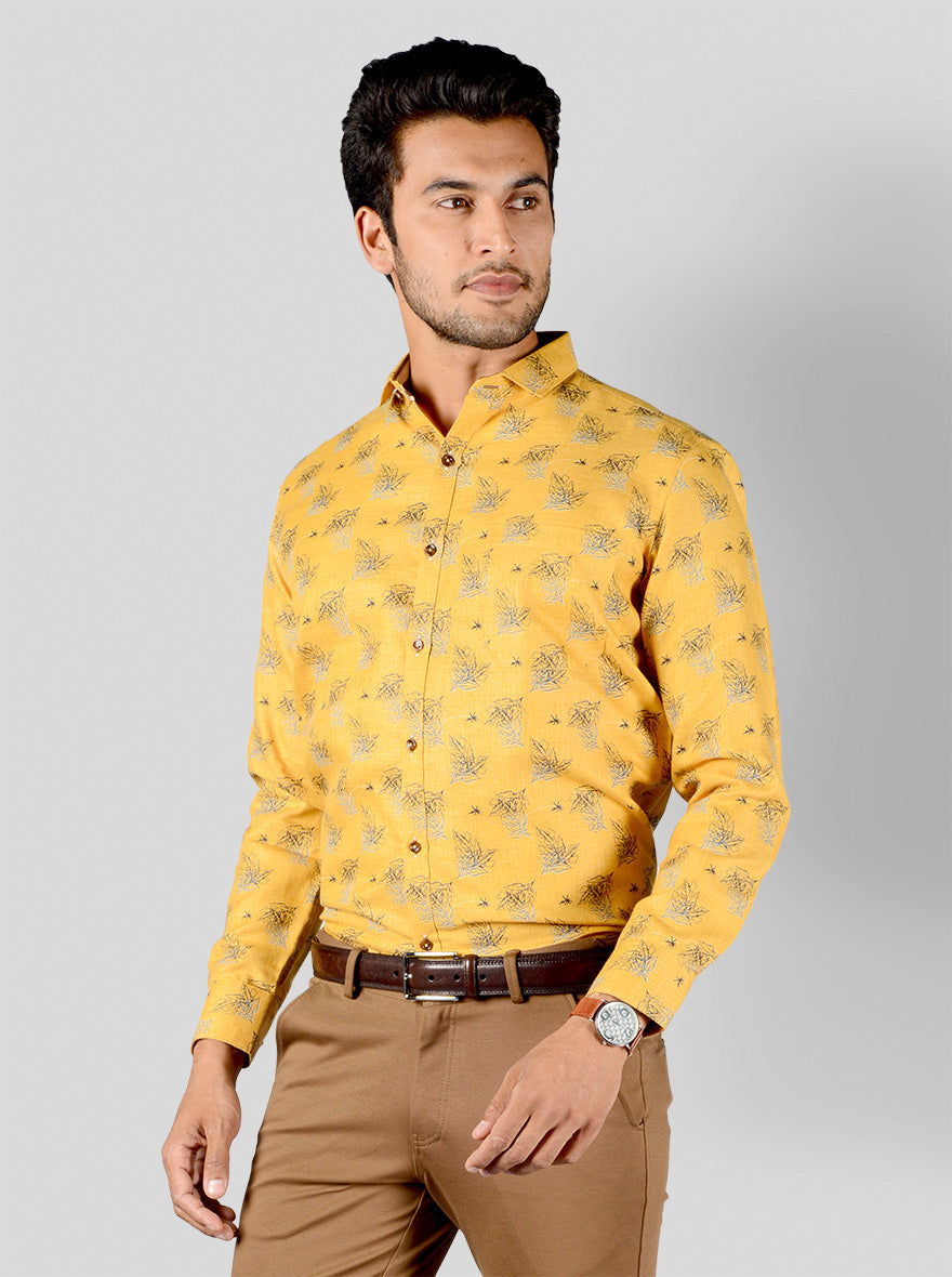 Golden Yellow Printed Slim Fit Party Wear Shirt | Greenfibre