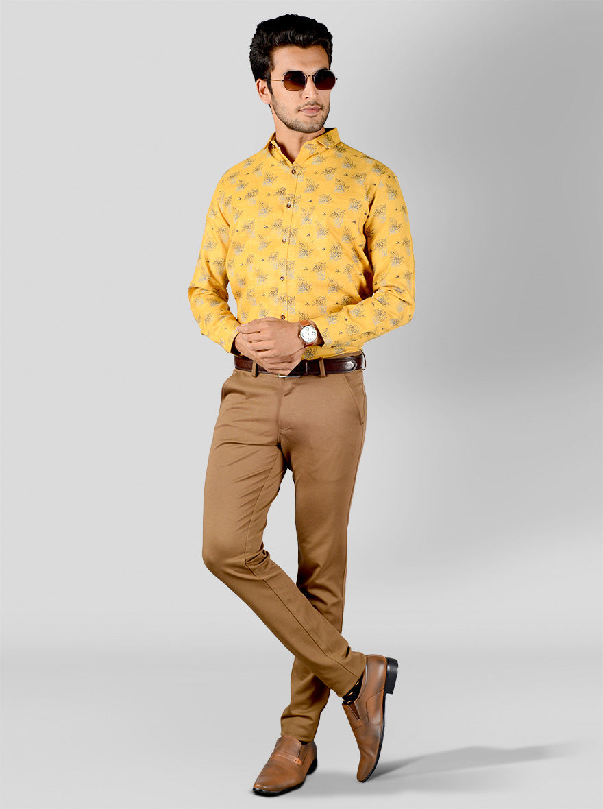 Golden Yellow Printed Slim Fit Party Wear Shirt | Greenfibre