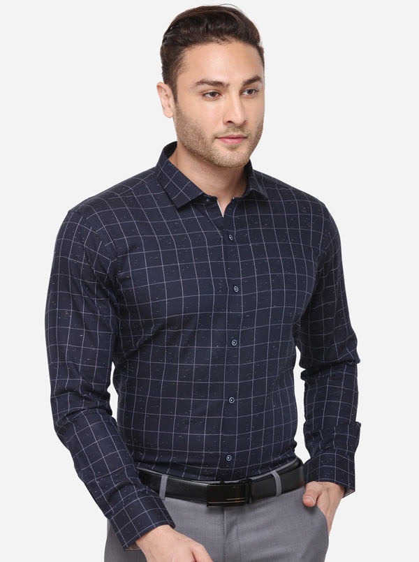 Navy Blue Checked Slim Fit Party Wear Shirt | JB Studio