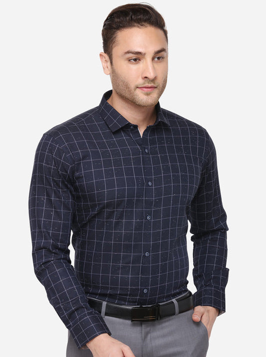 Navy Blue Checked Slim Fit Party Wear Shirt | JB Studio