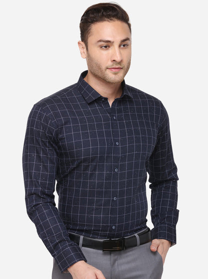 Navy Blue Checked Slim Fit Party Wear Shirt | JB Studio