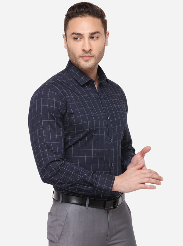 Navy Blue Checked Slim Fit Party Wear Shirt | JB Studio