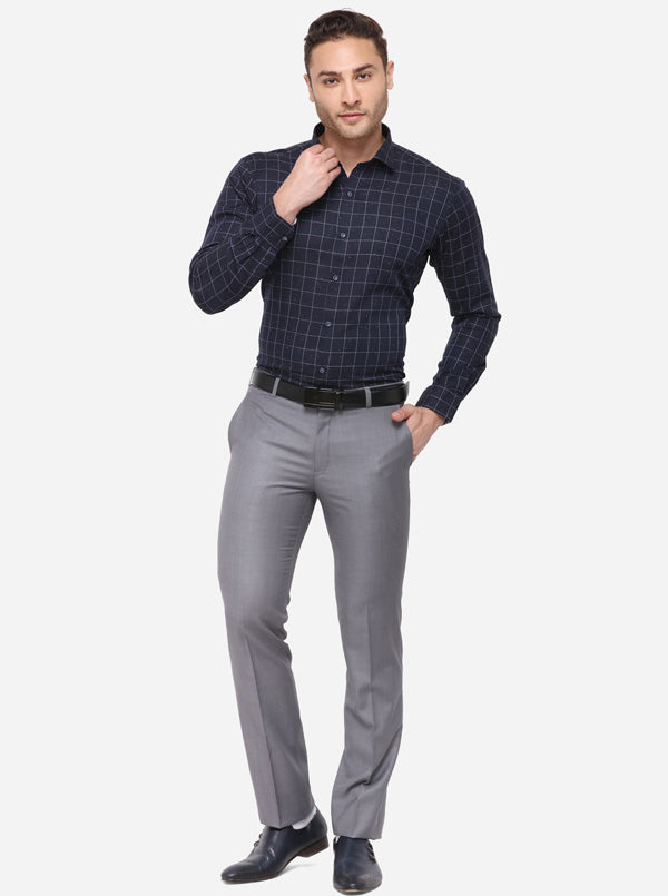 Navy Blue Checked Slim Fit Party Wear Shirt | JB Studio