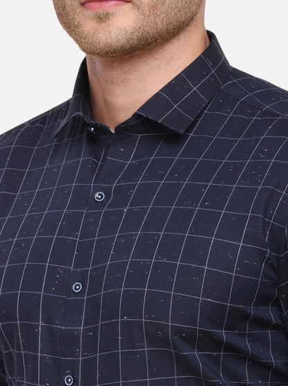 Navy Blue Checked Slim Fit Party Wear Shirt | JB Studio