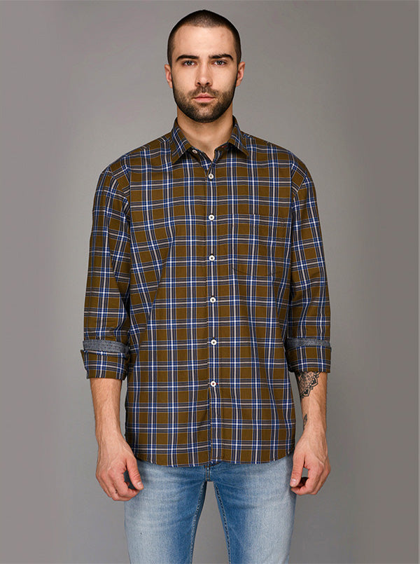 Brown & Blue Checked Slim Fit Casual Shirt | JB Sport