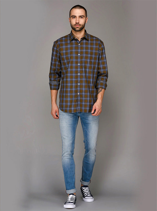 Brown & Blue Checked Slim Fit Casual Shirt | JB Sport