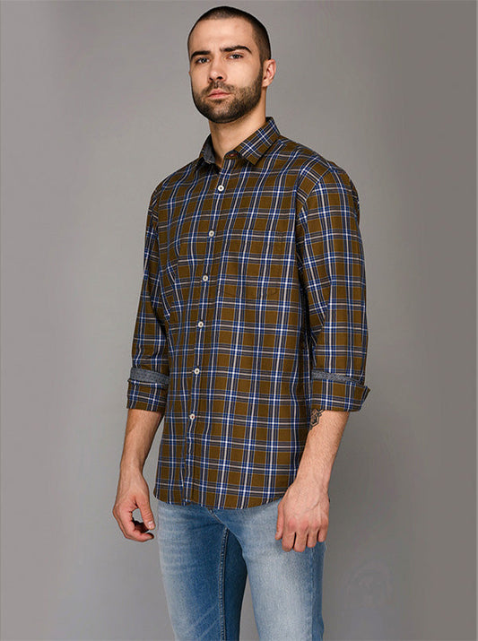 Brown & Blue Checked Slim Fit Casual Shirt | JB Sport