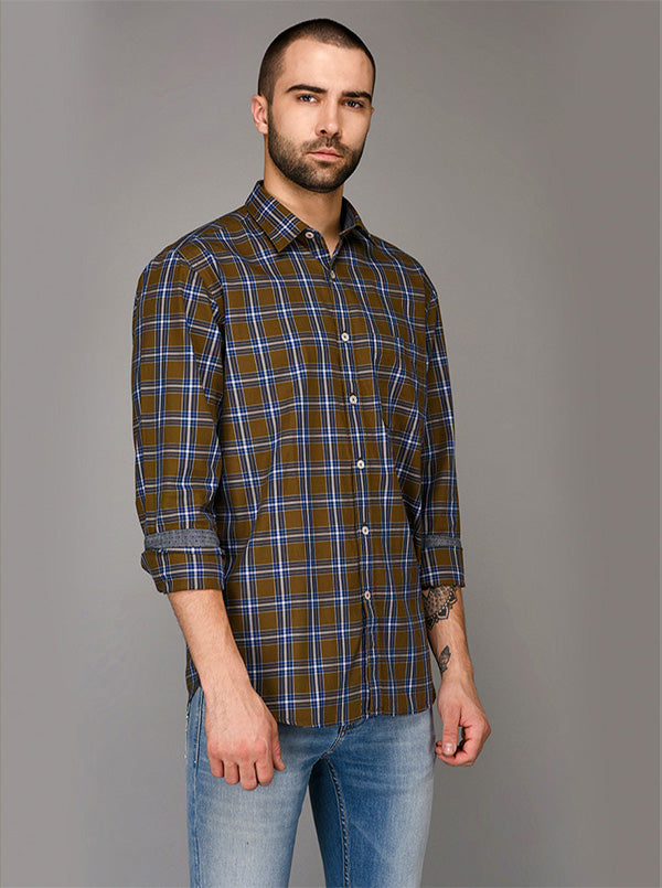 Brown & Blue Checked Slim Fit Casual Shirt | JB Sport