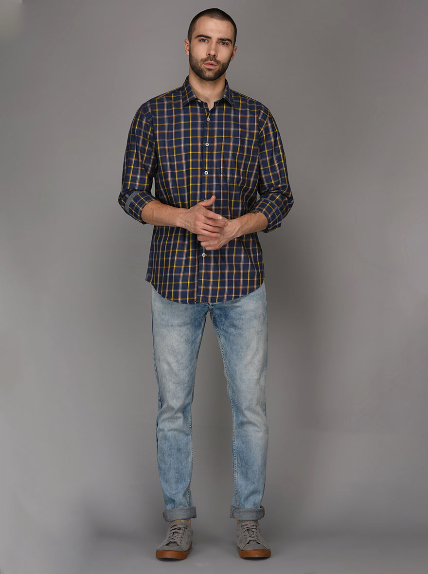 Blue Checked Slim Fit Casual Shirt | JB Sport