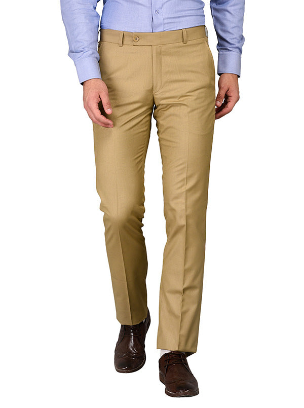 Greenfibre Khaki Self Textured Slim Fit Formal Trouser