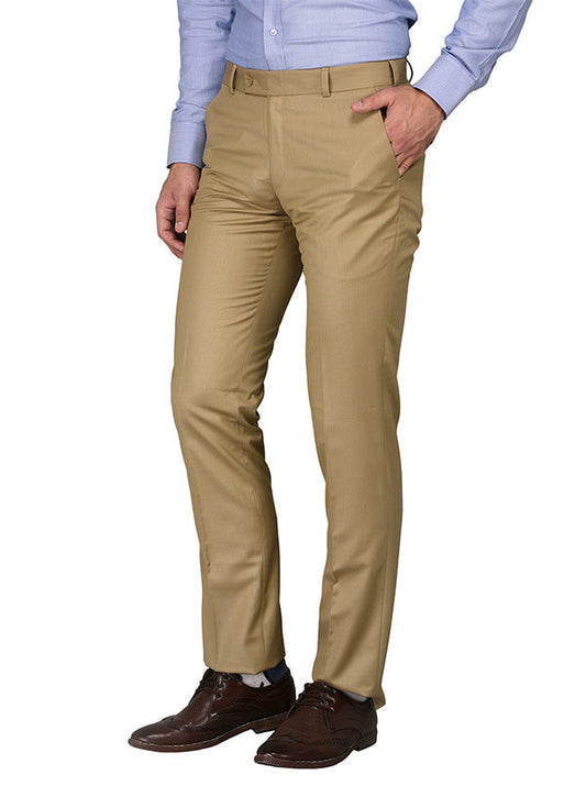 Greenfibre Khaki Self Textured Slim Fit Formal Trouser