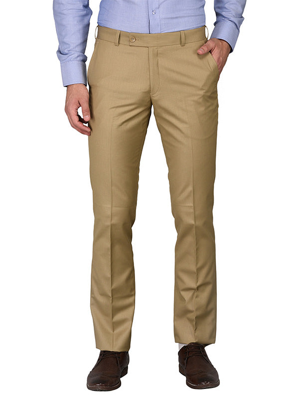 Greenfibre Khaki Self Textured Slim Fit Formal Trouser