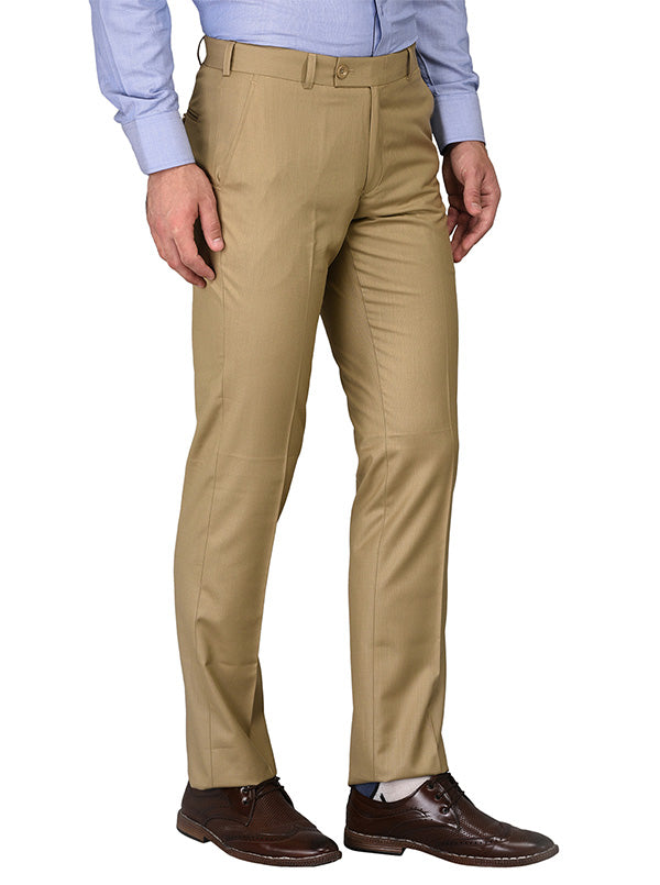 Greenfibre Khaki Self Textured Slim Fit Formal Trouser