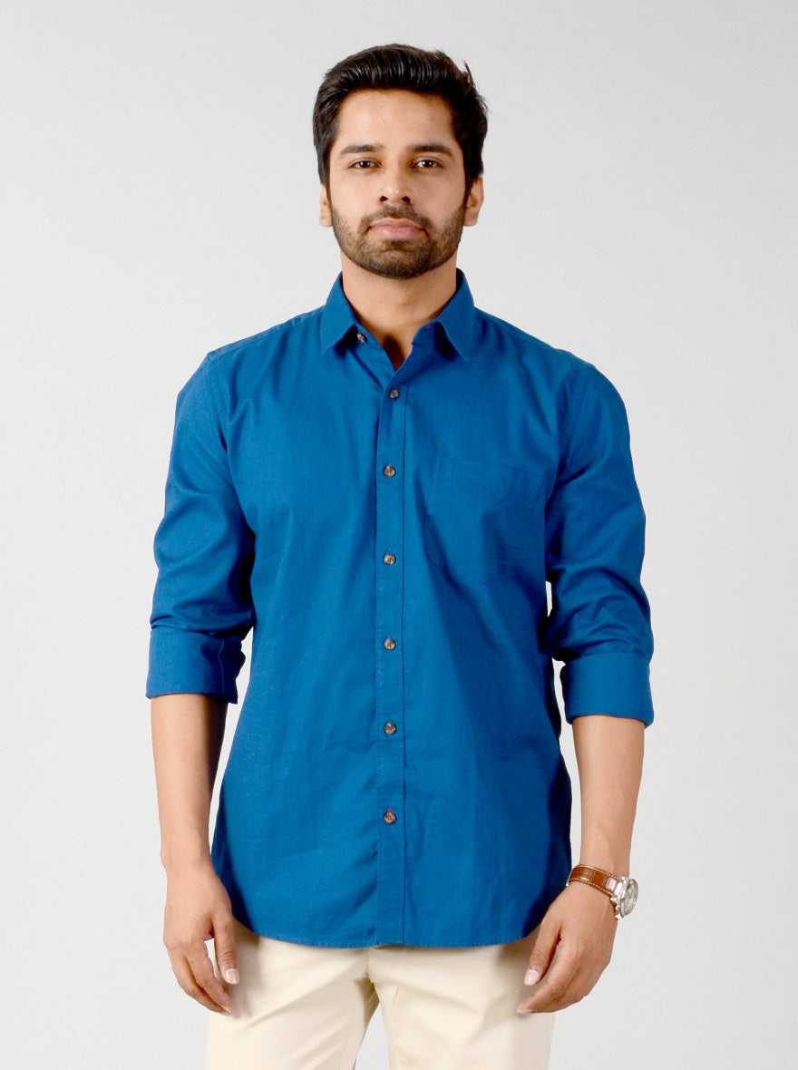 Petrol Blue Solid Slim Fit Casual Shirt | JB Sport